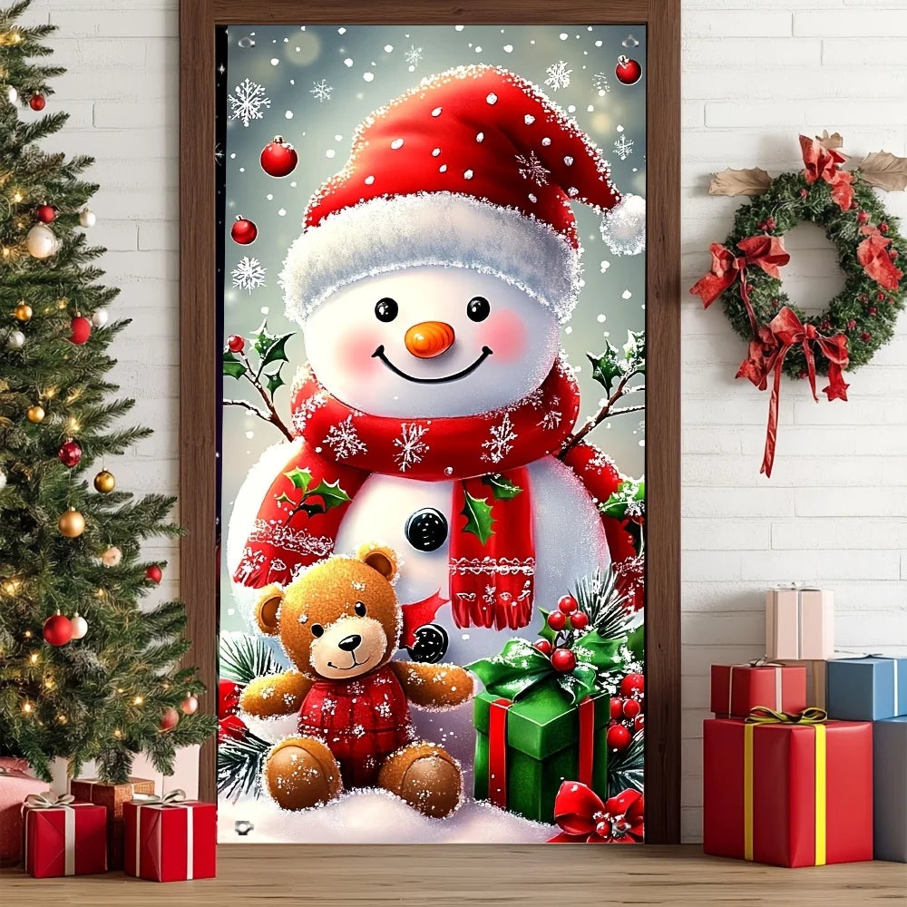 A 2D flat Christmas polyester door banner with a snowman and teddy bear design, suitable for festive party decoration