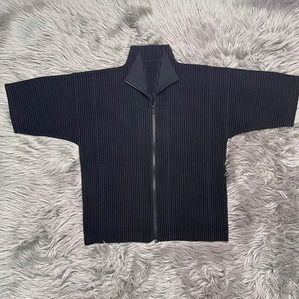 Miyake Men's Pleated Jacket Long Sleeve Standing Collar Fold Jacket Coat High Collar Zip Sweatshirt 2025 Spring Summer New Tops