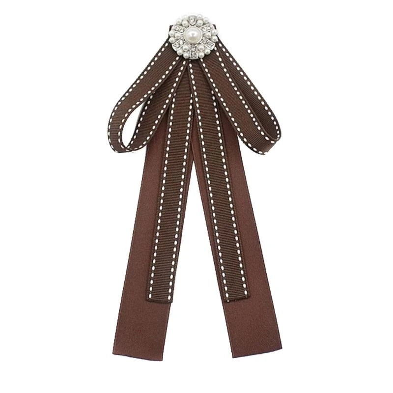 Ribbon Bowtie Brooch Pin Student Uniform Pre Tied Necktie Clip Vintage Brown Plaids Bowknot Corsage Shirt Jabot Collar