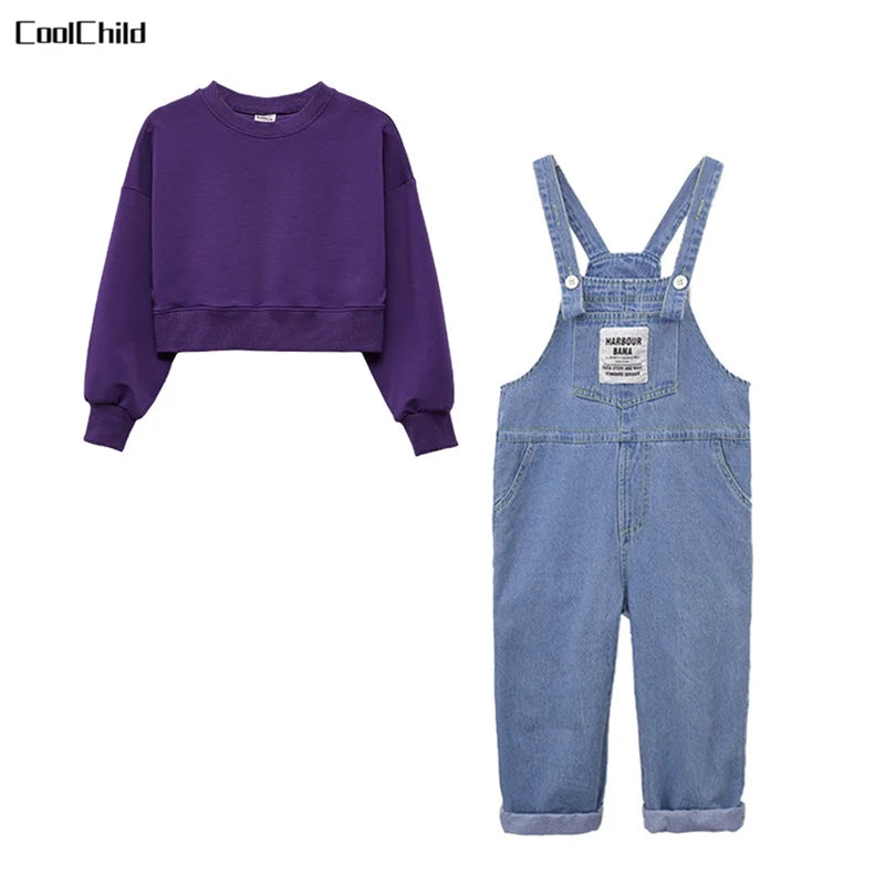 Boys Hip Hop Solid Sweatshirt Denim Loose Overalls Girls Crop Top Kids Dungaree Child Jumpsuit Street Dance Romper Streetwear