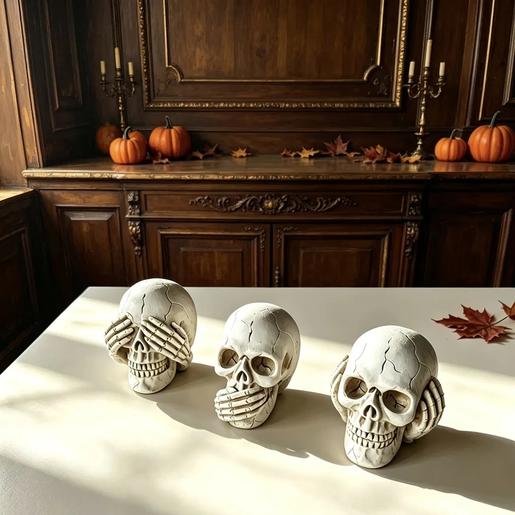 Resin skull figurine, replicating the classic poses of covering the mouth, ears, and eyes, perfect for Halloween decorations