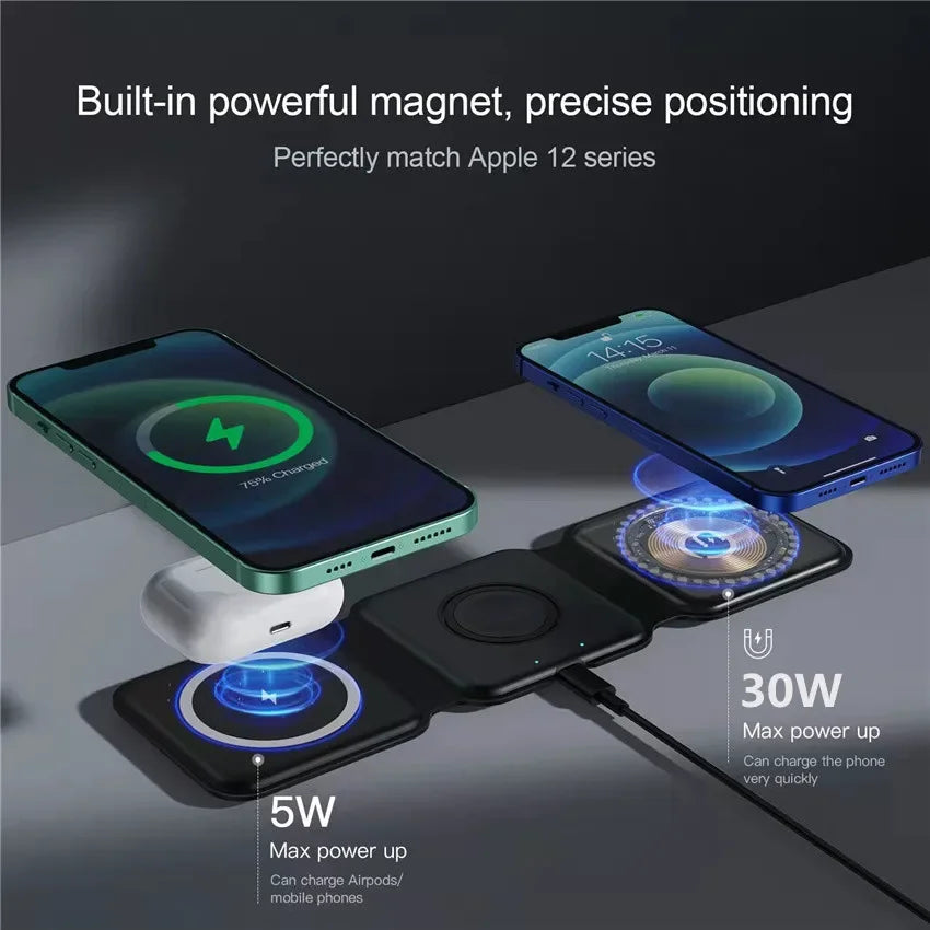 3 in 1 Wireless Charging Station for Apple MagSafe Charger, Foldable Magnetic Travel Charger for iPhone Apple Watch AirPods Pro