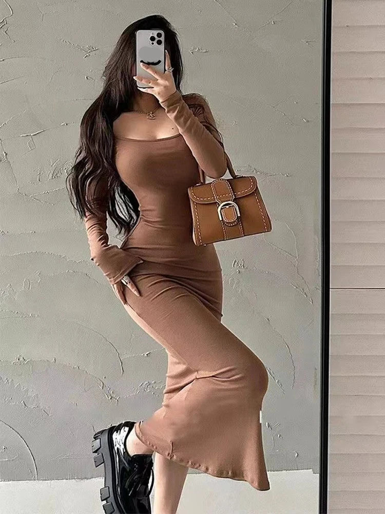 Ribbed Solid Long Sleeve Square Neck Skinny Bodycon Dress
