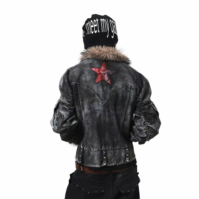 MWJLPWQ Washed Distressed Jacket Stains Irregular Damage Rivets
