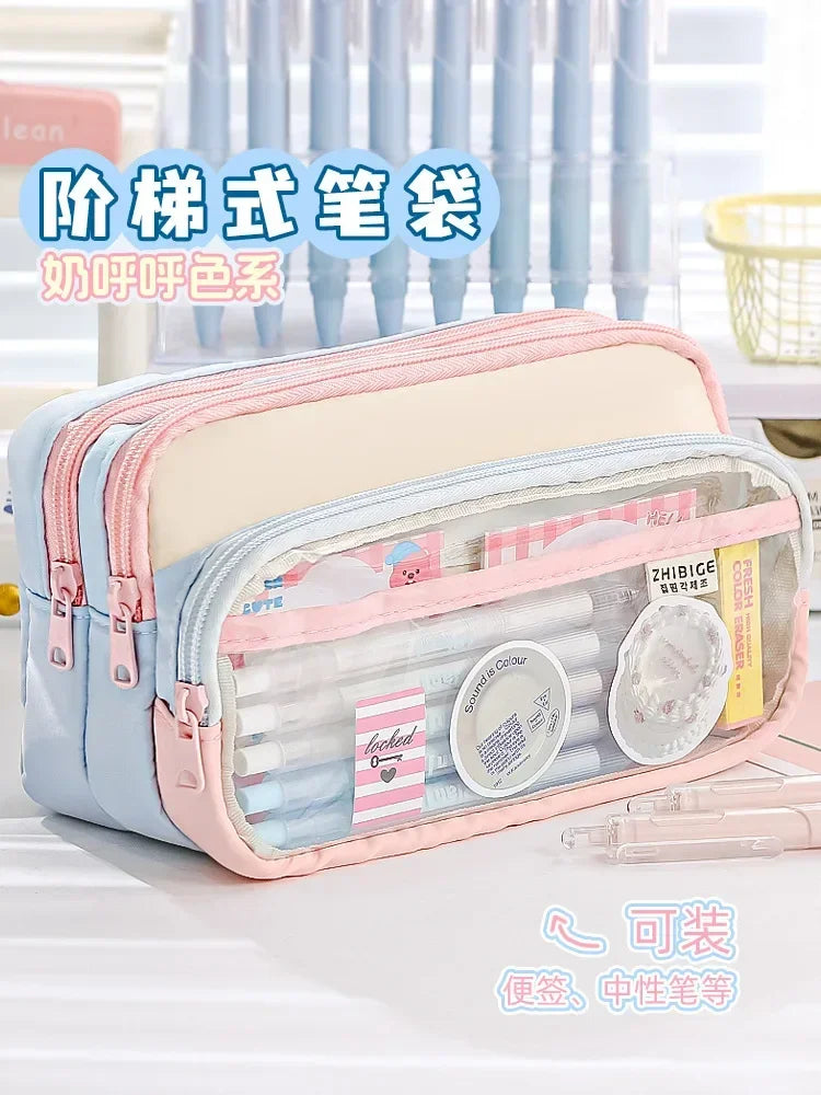 Kawaii Pencil Bag Large Capacity 3 Compartments Pencil Case Pen Pouch Desk Organizer School Supplies Cute Korean Stationery