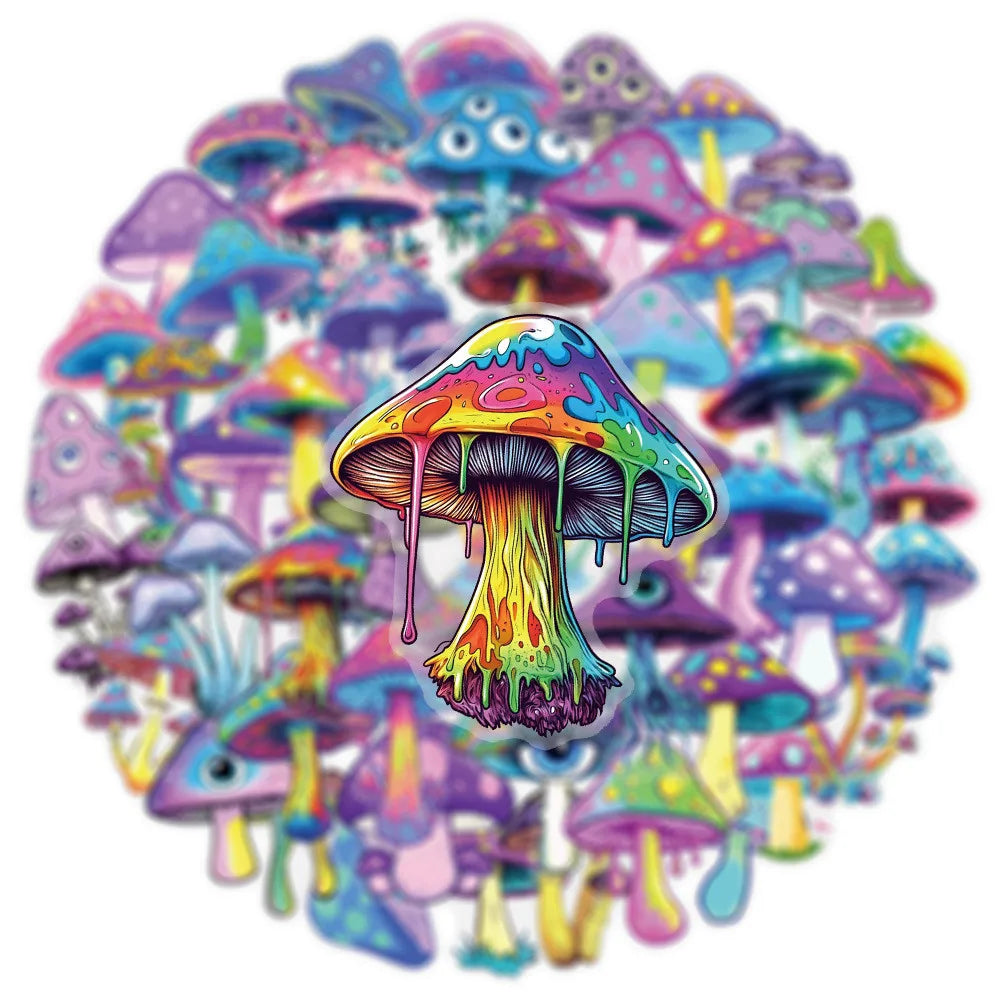 50 Pcs Transparent Iridescent Mushroom Stickers - PET Decorative Decals for Notebooks, Phone Cases, Tablets, Motorcycle