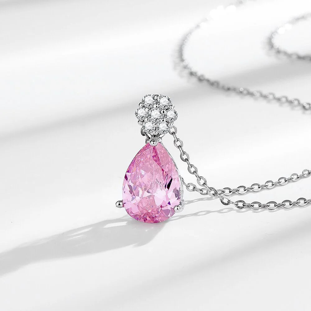 925 Sterling Silver Jewelry Set Shiny Rose Quartz Zircon Women Necklace Earrings Birthday Wedding Party Jewelry Gift