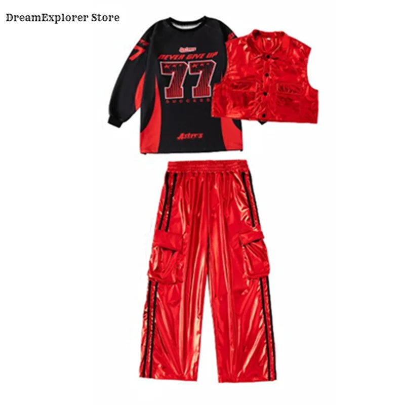 Boys Hip Hop Sweatshirt Shiny Vest Street Dance Cargo Pants Girls K-pop Clothes Set Kids Jazz Red Costumes Children Streetwear