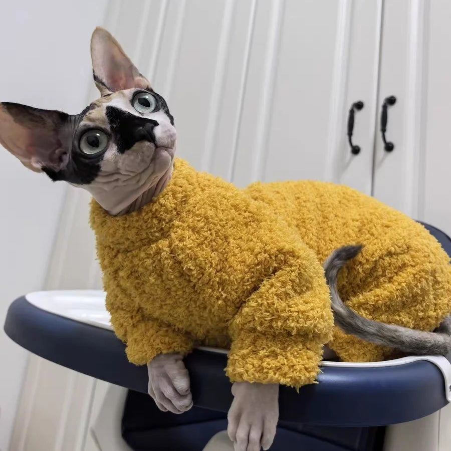 Winter Warm Plush 4-legged Sweatshirt Hat Suit for Devon Rex in Winter Soft Yellow Red Sweater for Sphynx Cat Kittens Khaki Coat