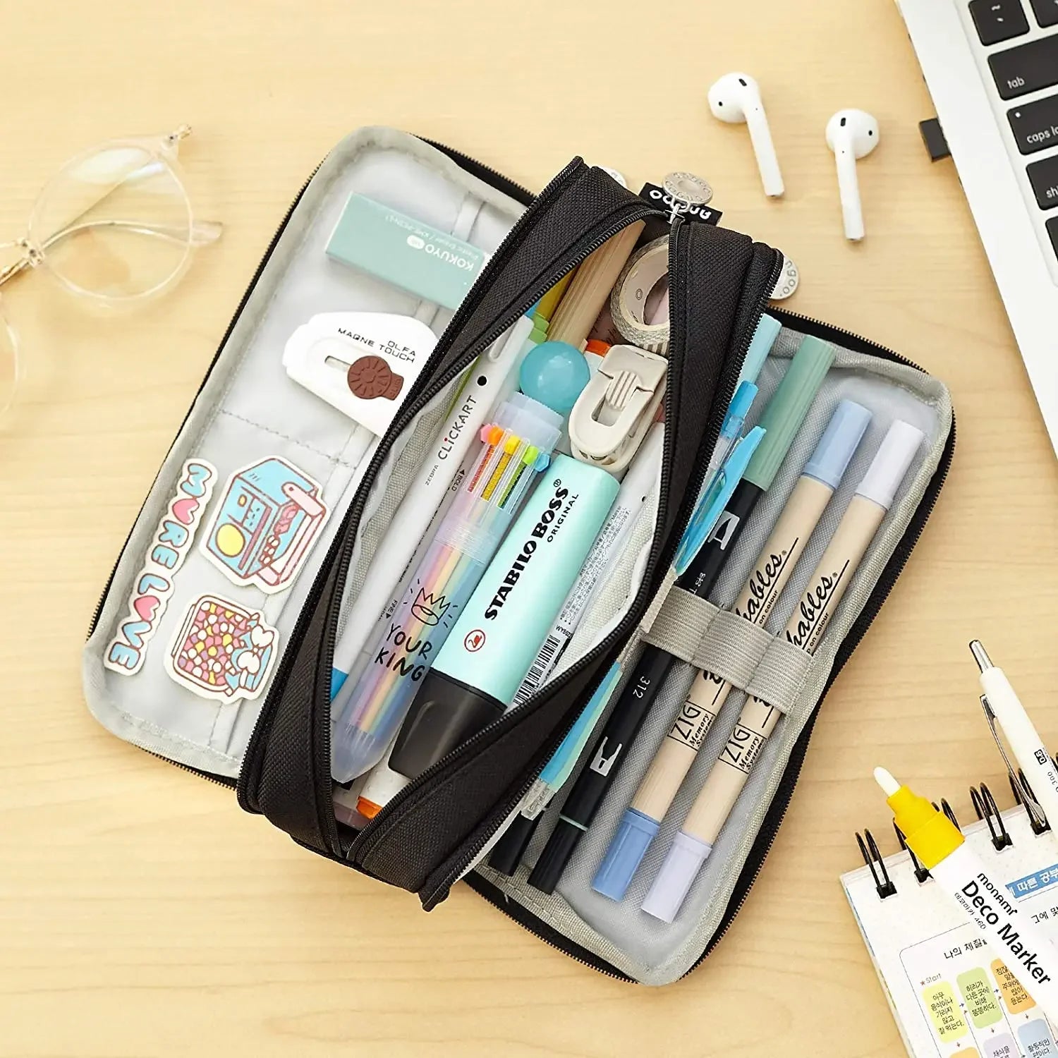Large Storage Pencil Case-3-Compartment Bag, Double-Side Open, Student Stationery, Desk Organizer for School Use