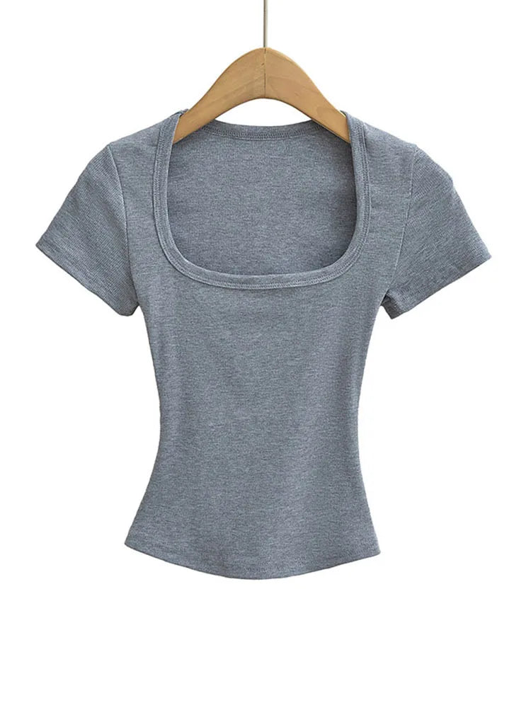 Square Collar High Stretch Summer Crop Tops Women Short