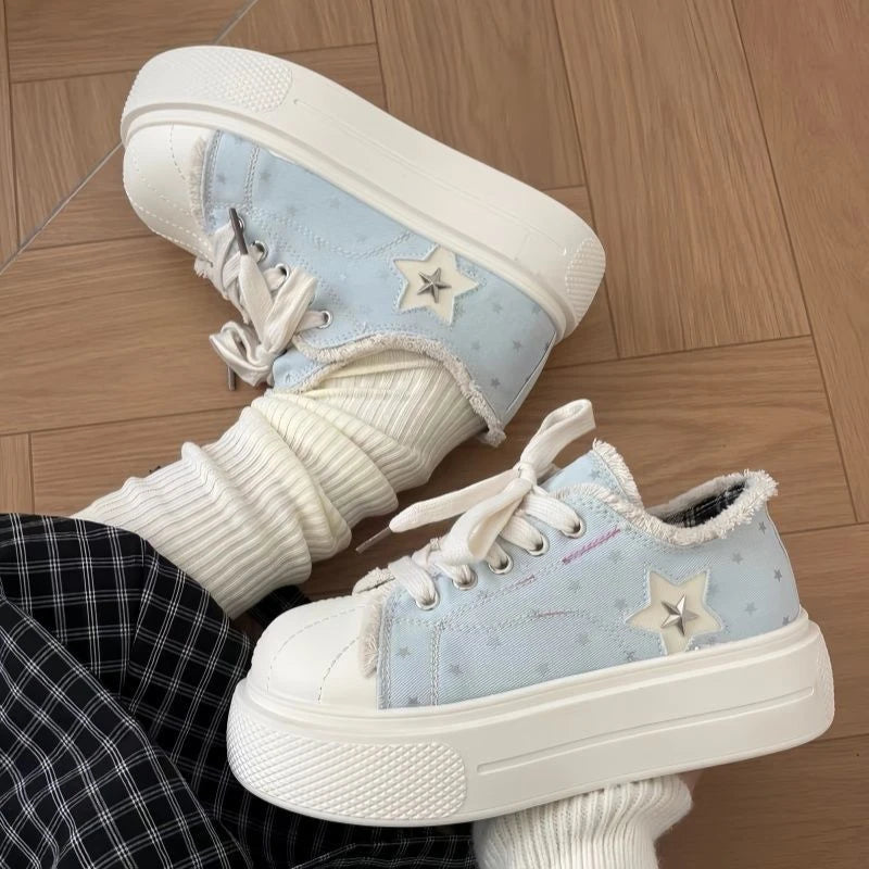 Star Patch Denim Platform Trainers Lolita Chunky Canvas Sneakers