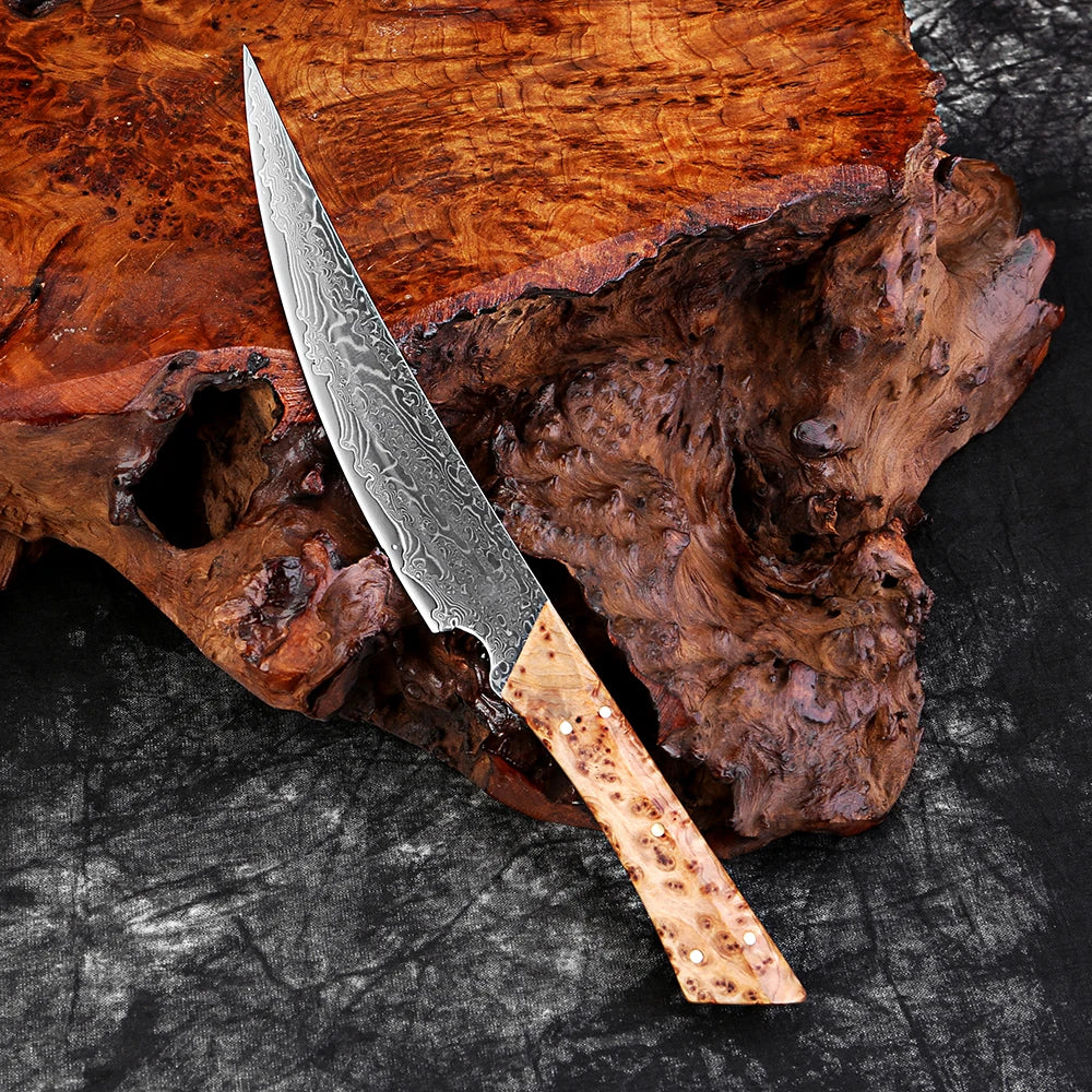 Damascus Steel Handmade Curved Edge Japanese Utility Knife,Full Tang Pakkawood Handle,High Hardness Sharp Kitchen Peeling Knife