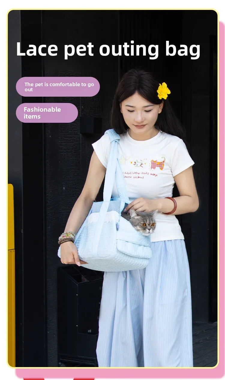 Pink Lace Cat Carrier Pet Backpack Breathable Small Dog Bag Shoulder Handheld Outing Pet Seat Carrier Pack Puppies Breathable