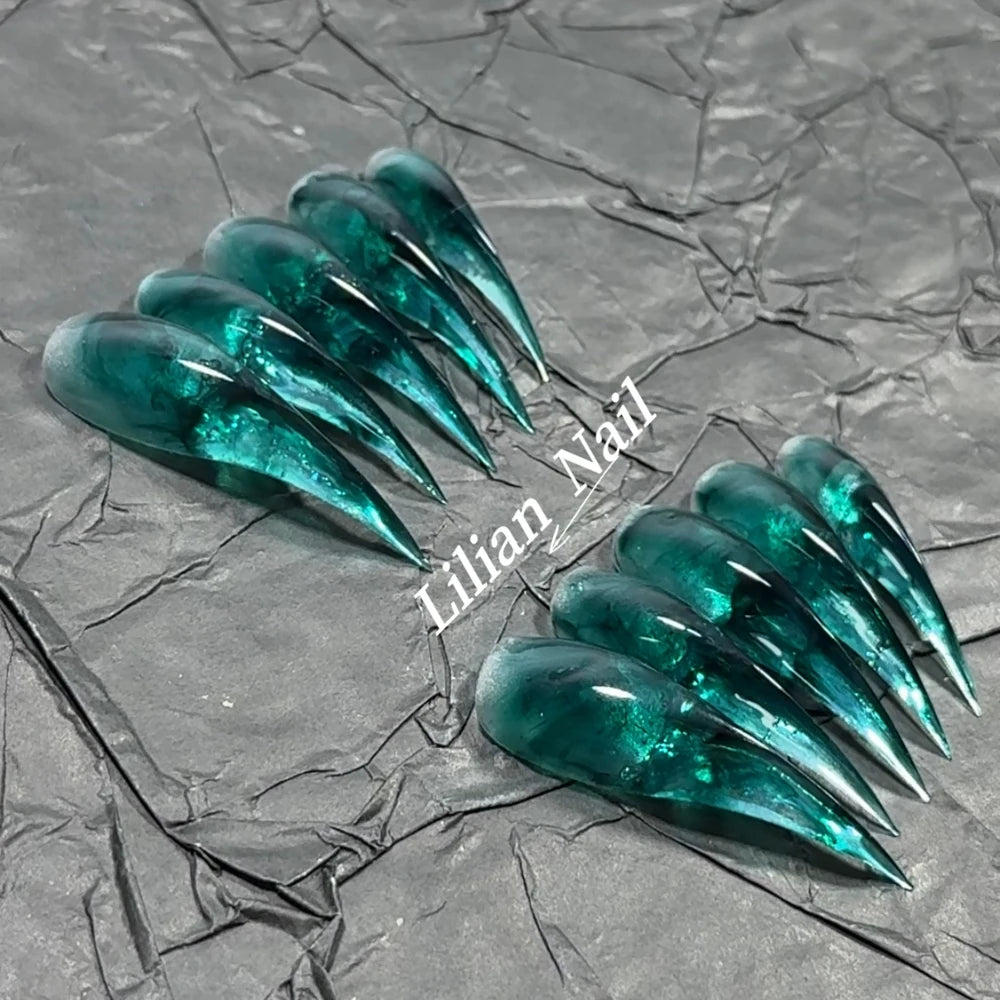 10Pcs Spice Girl Colorful Handmade Full Cover False Nail Y2K Long Dragon Shape Claw Cat Eyes Gradients Reusable Press On Nails