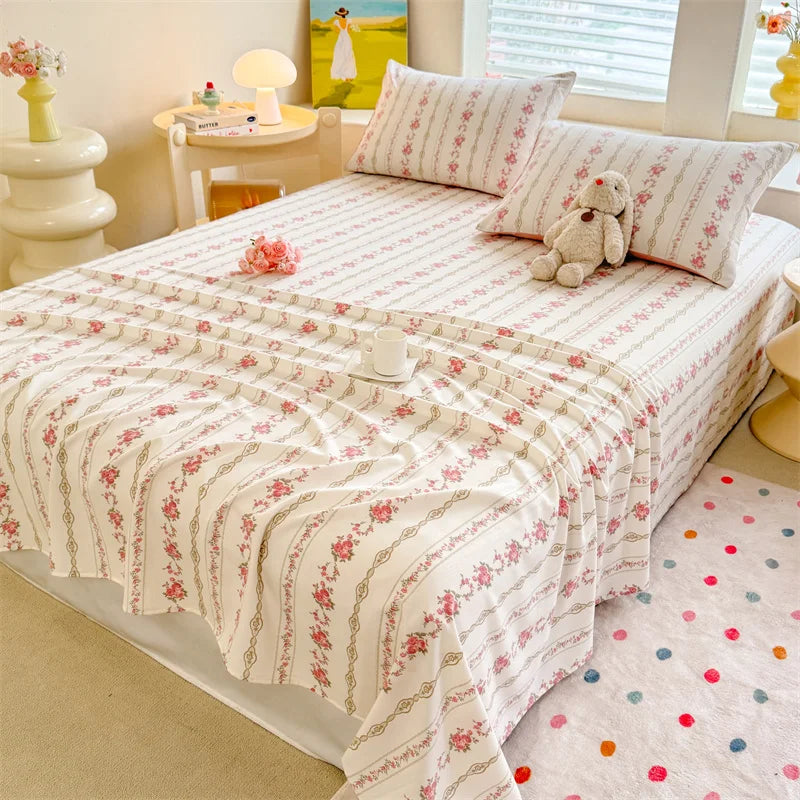 1pc Washed Cotton Flat Bed Sheets Single/Queen/King Size Bed Cover for Double Bed Flower Printed Soft Bed Sheets Top Sheets Set