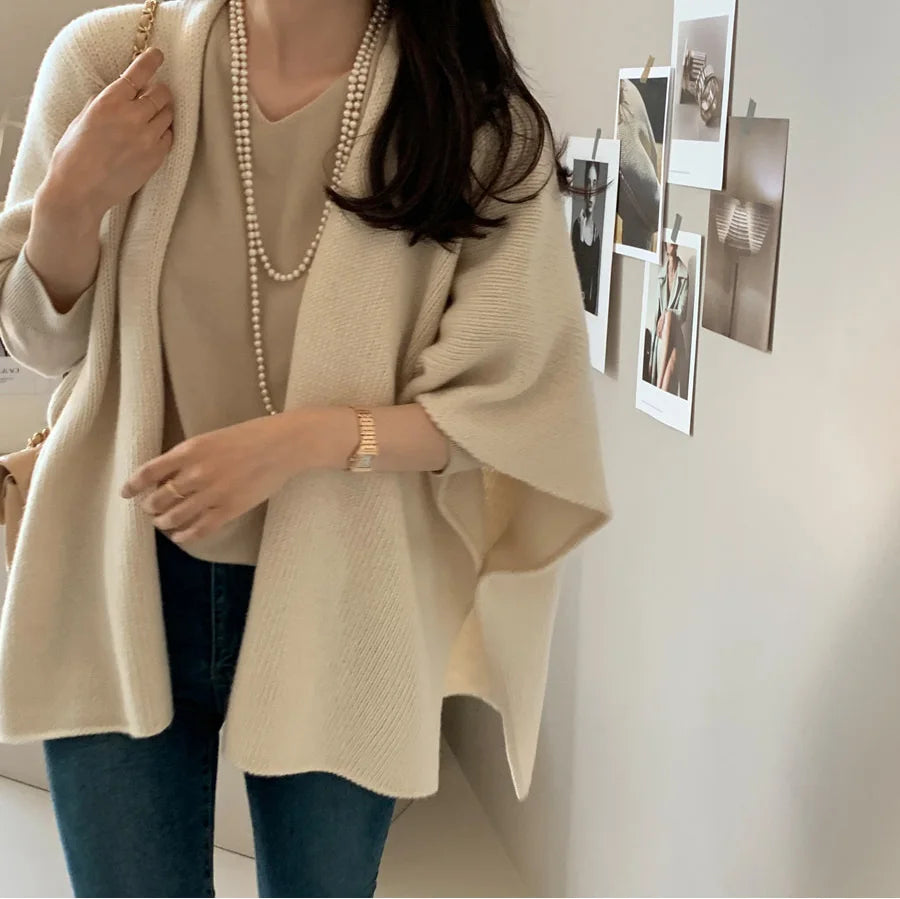 Korean Style Knitted Shawl Jacket Women's Casual Warm Knitted Cardigan Cloak Elegant Solid Color Women's Knitted Cardigan