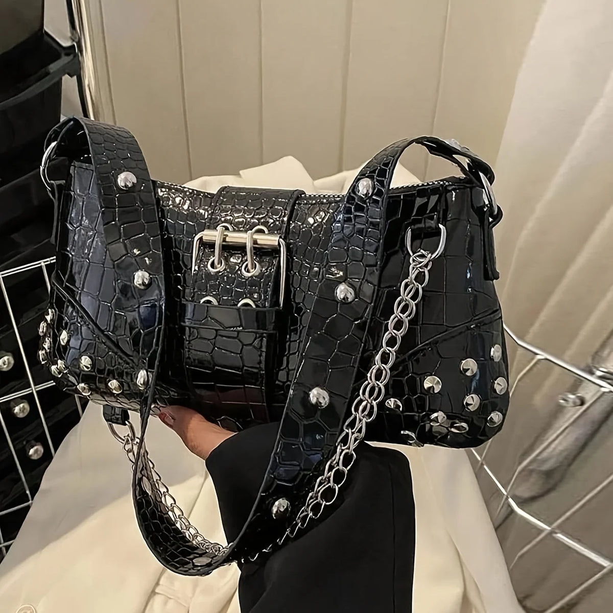 Women'S Y2K Punk Rivet Crossbody Bag - Metal Tassel Chain Shoulder