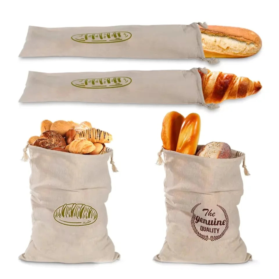 Reusable Linen French Loaf Bread Bags Portable Drawstring Bag for Homemade Kitchen Artisan Bread Fresh Friendly Keeping Storage