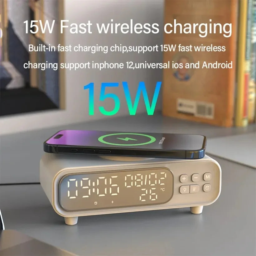 15W Wireless Charger Time Alarm Clock LED Night Light Thermometer Earphone Phone Chargers Fast Charging Dock Station For iPhone