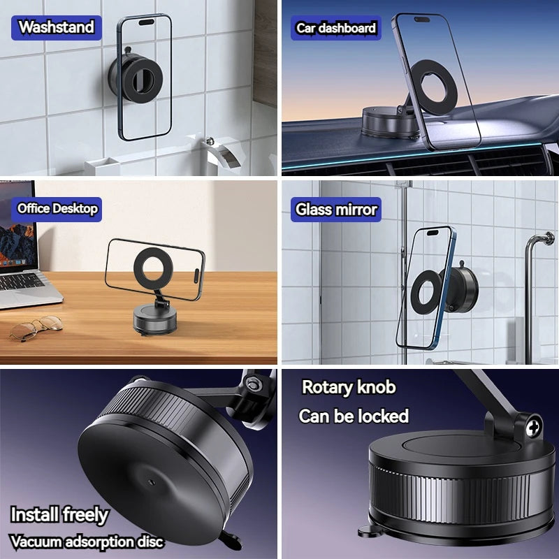 Foldable and Rotatable Metal Vacuum Suction Magnetic Car Holder Suitable for Kitchen Bath Gym Compatible with All Mobile Phones