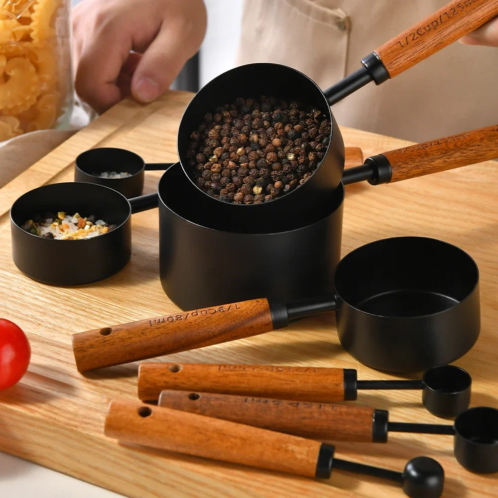 1/4Pcs Stainless Steel Measuring Cups and Spoons Set with Wooden Handles Multifunctional Baking Tool for Cooking and Baking