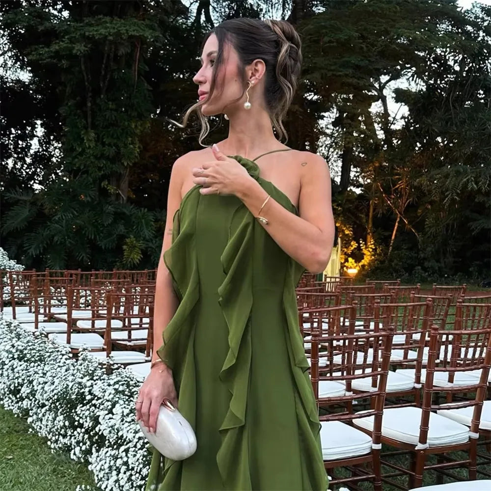 Woman Olive Green Halter Neck Chiffon Maxi Dresses 3D Floral