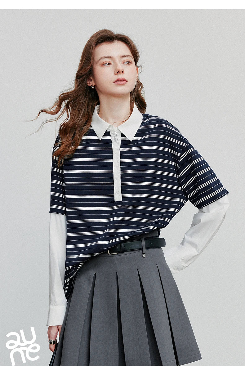 TOYOUTH Women Hoodies Sweatshirt 2025 Autumn New Spliced Fake Two Piece Polo Collar Striped Casual Pullover Tops