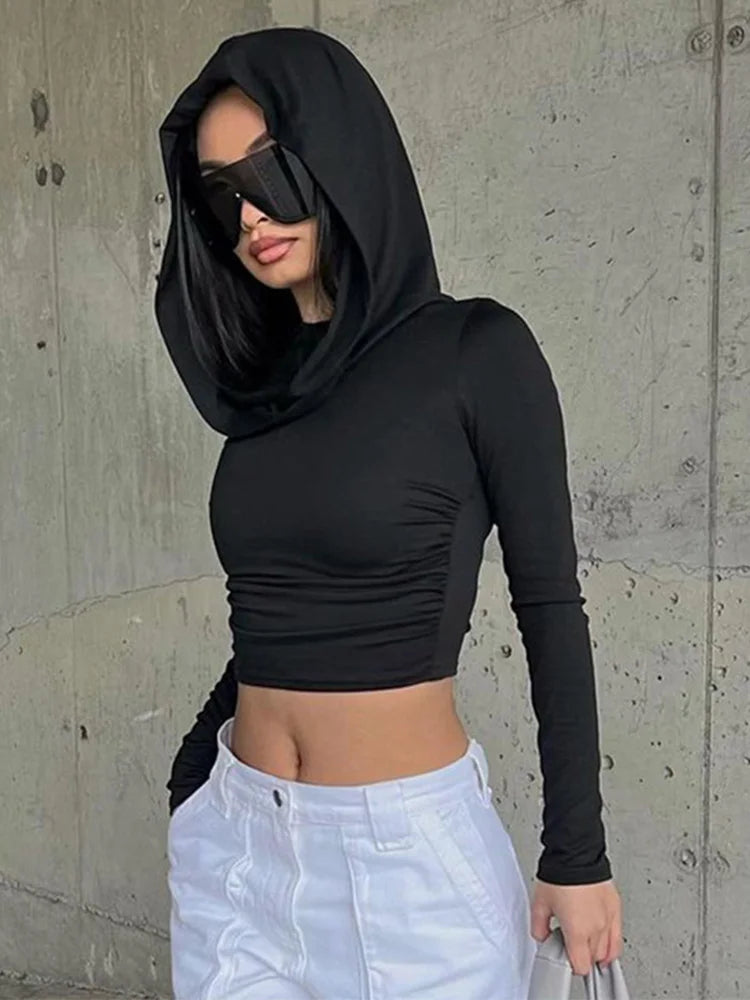 Women's Hooded Crop Tops Autumn Solid Color Long Sleeve
