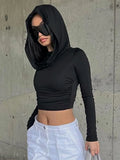 Women's Hooded Crop Tops Autumn Solid Color Long Sleeve