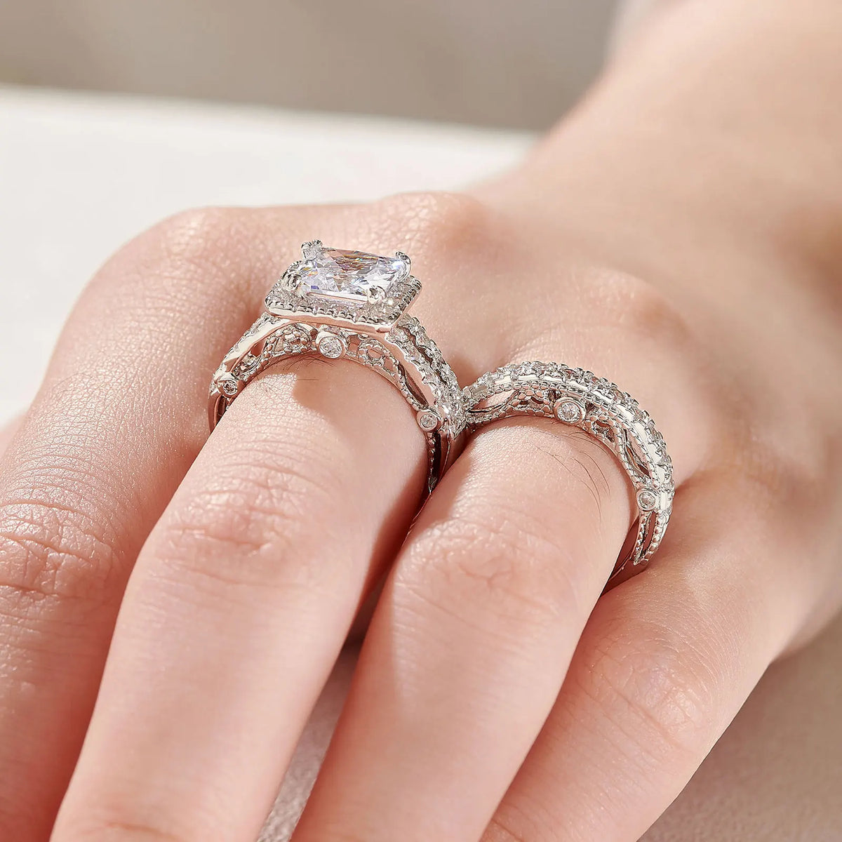 Newshe 2Pcs Solid 925 Sterling Silver Wedding Rings