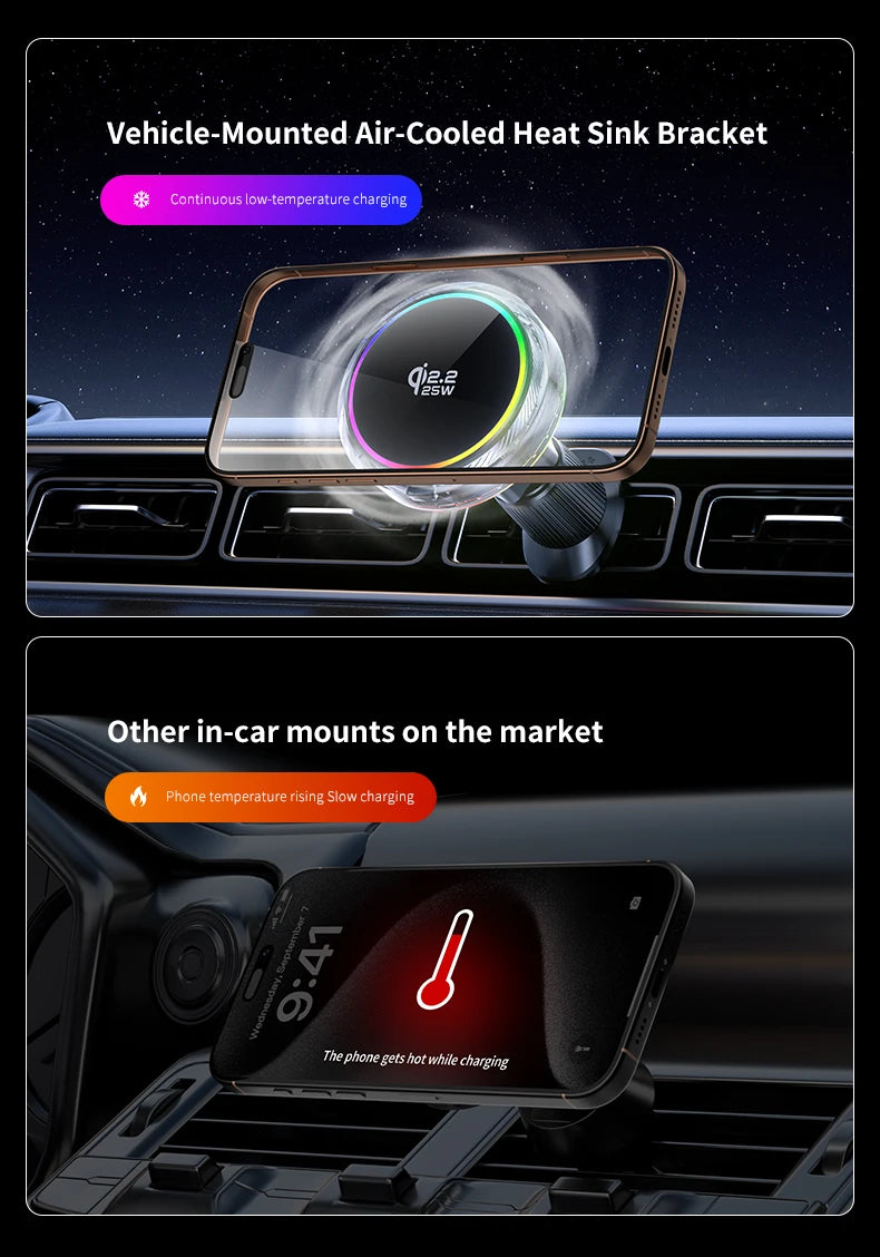 qi2.2 Car 25W Magnetic Wireless Charger Air Cooling RGB Light  Phone Holder For Magsafe iPhone 17 16 15 14 13 12 Fast Charging