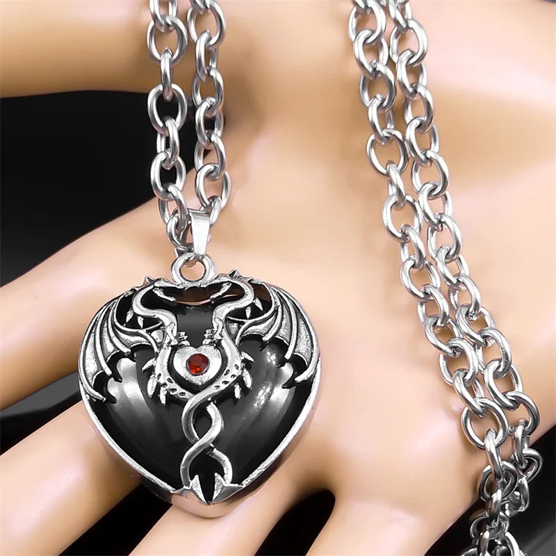 Goth Double Dragon Heart Black Stone Necklace Men Women Stainless
