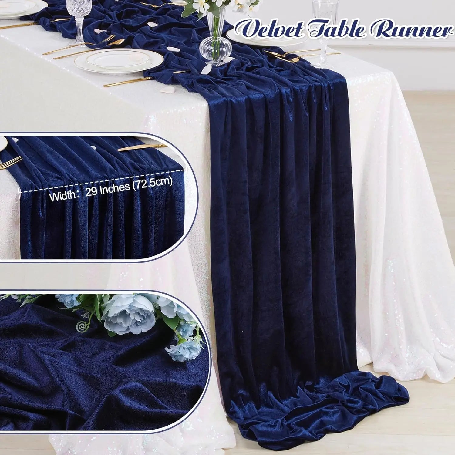 1pc Navy Blue Velvet Table Runner: 29x120 Inches Table Runners - 10ft Long Stretch Velvet Fabric for Reception Table Decorations