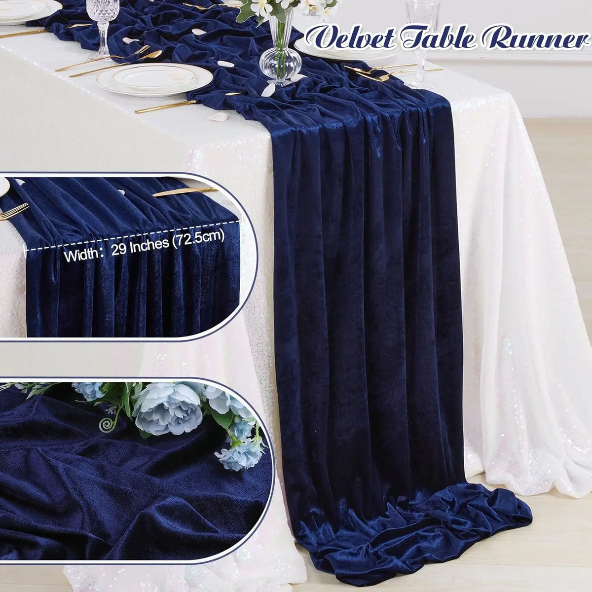 1pc Navy Blue Velvet Table Runner: 29x120 Inches Table Runners - 10ft Long Stretch Velvet Fabric for Reception Table Decorations
