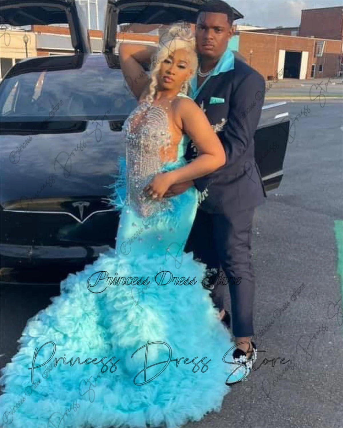 Designer Luxurious Beaded Crystal Tulle Ruched Train Prom Dresses For Black Girls  Ladies Dress Special Wedding Customized