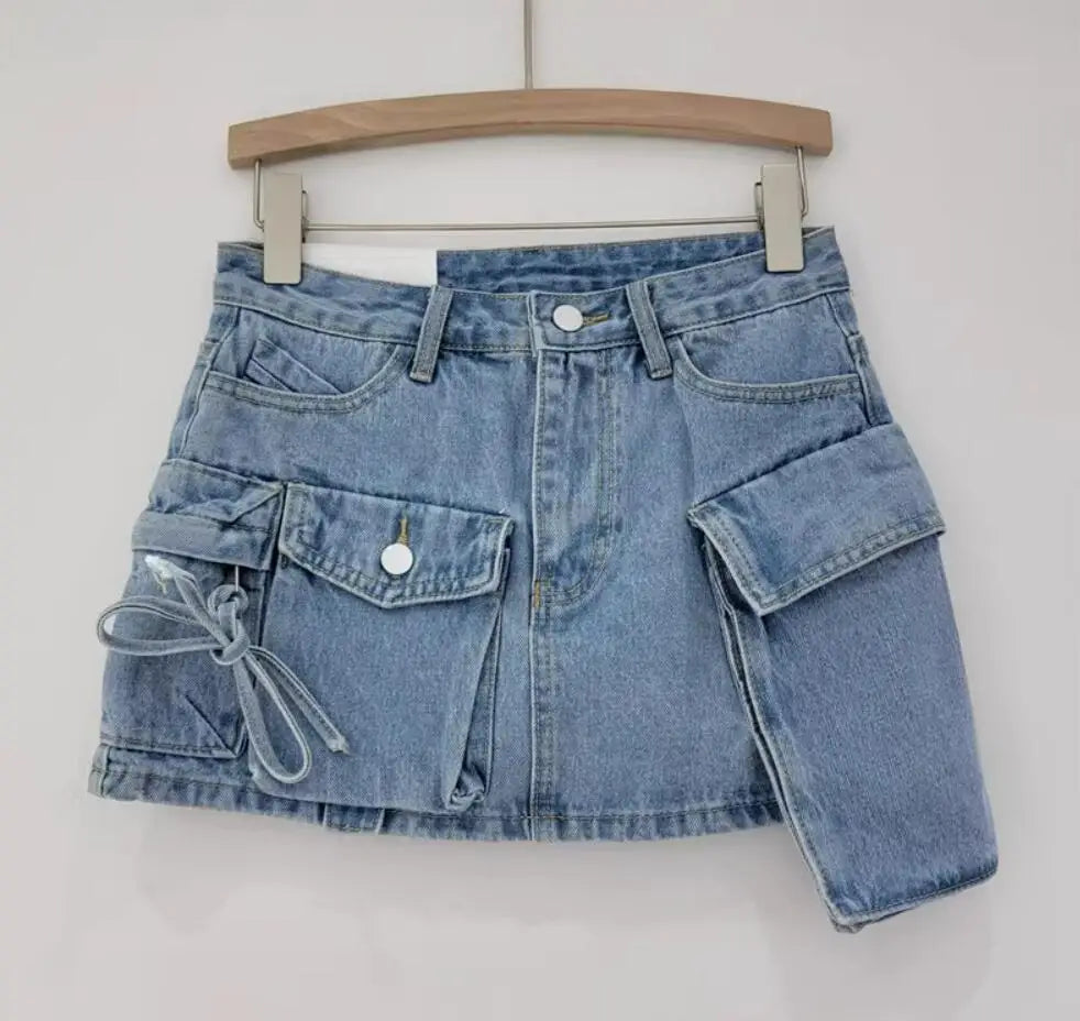Y2K Low Waist 3D Pockets Mini Denim Skirt with Shorts Lining Sexy