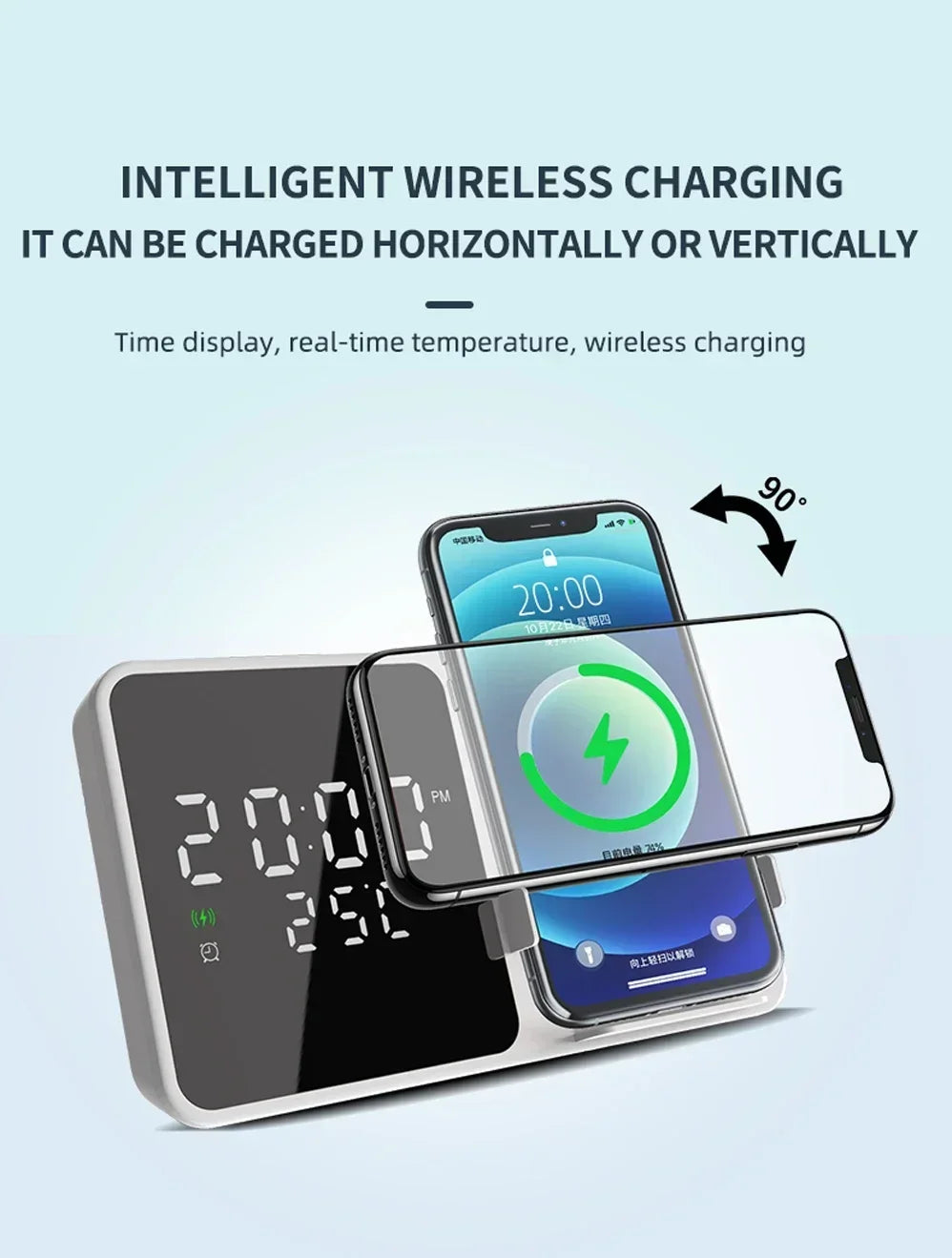 Wireless Charger Pad Stand with Alarm Clock Thermometer for iPhone 14 13 12 11 X Xiaomi Samsung 15W Phone Fast Charging Station