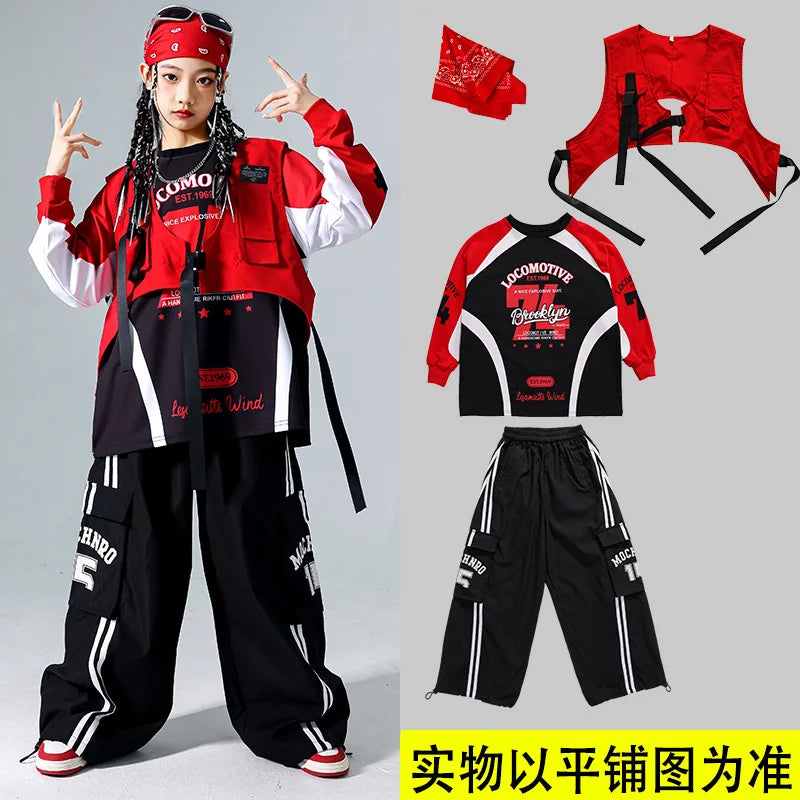 Boys Hip Hop Cool Sweatshirt Vest Cargo Pants Girls Fashion Jazz Street Dance Costume Children Clothes Set Kids K-pop Streetwear