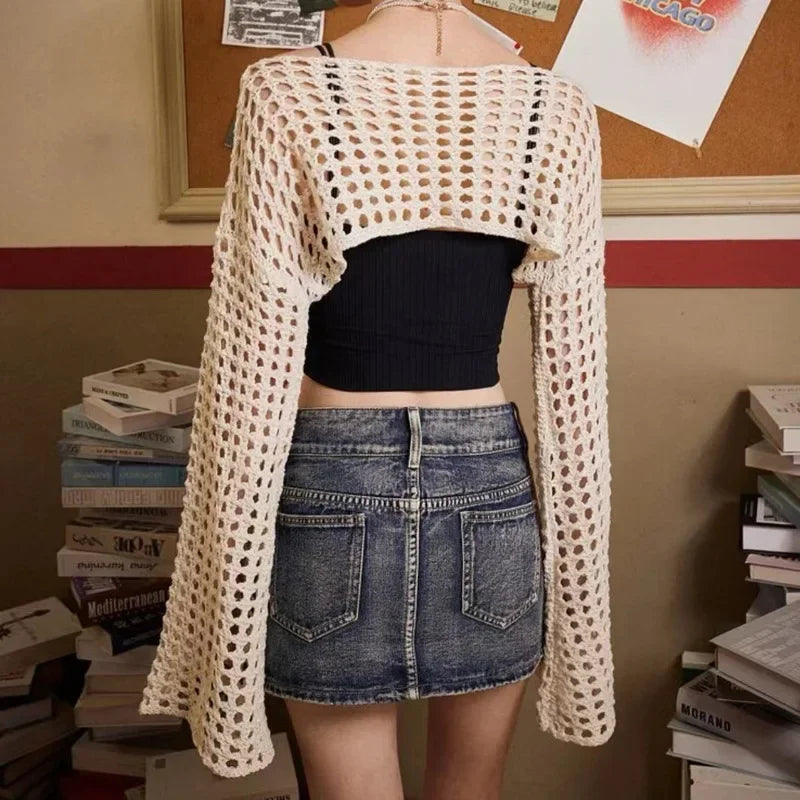 Women Y2K Crochet Knit Hollow Out Crop Top Long Flared Sleeve