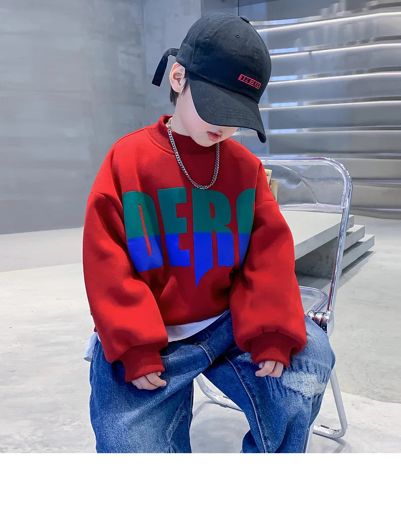 Winter Boys Warm Fleece Lined Half Turtleneck Alphabet Sweatshirt School Kids Track Pullover Coat Tops Child Work Jumper 3-16Yrs