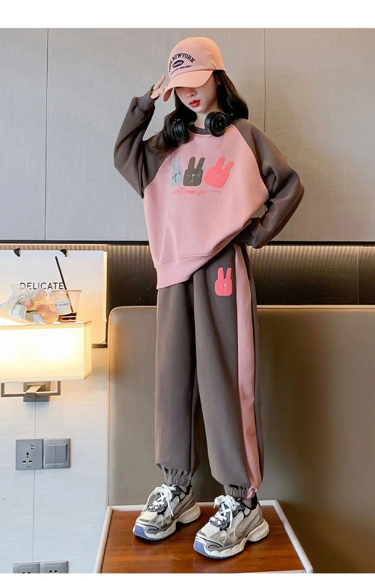 Girls Cotton Contrast Cartoon Alphabet Loose Sweatshirt+Sweatpant School Kids Tracksuit Child Jogger Outfit Workout Sets 5-16Yrs