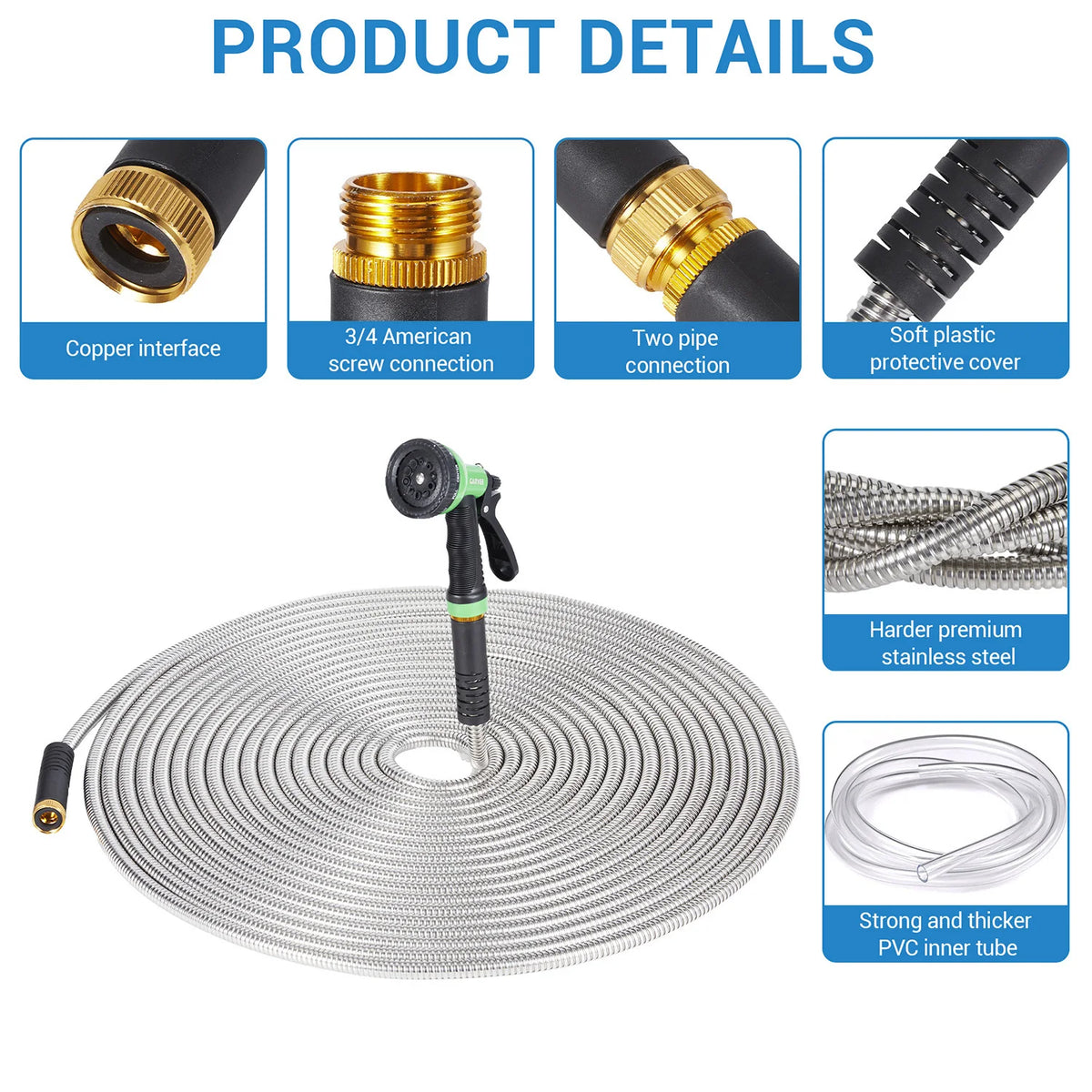 Heavy-Duty No-Kink Stainless Steel Garden Hose with 10-Design Leak-Proof