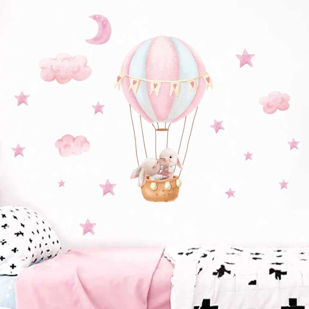 1Pc Cartoon Cute Animals Rabbit Balloon Wall Sticker Decoration for Bedroom Girls Gift Wall Art Home Decor Living Room Kids Room