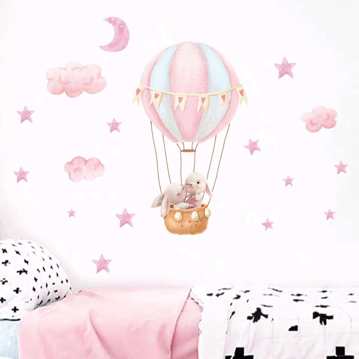 1Pc Cartoon Cute Animals Rabbit Balloon Wall Sticker Decoration for Bedroom Girls Gift Wall Art Home Decor Living Room Kids Room