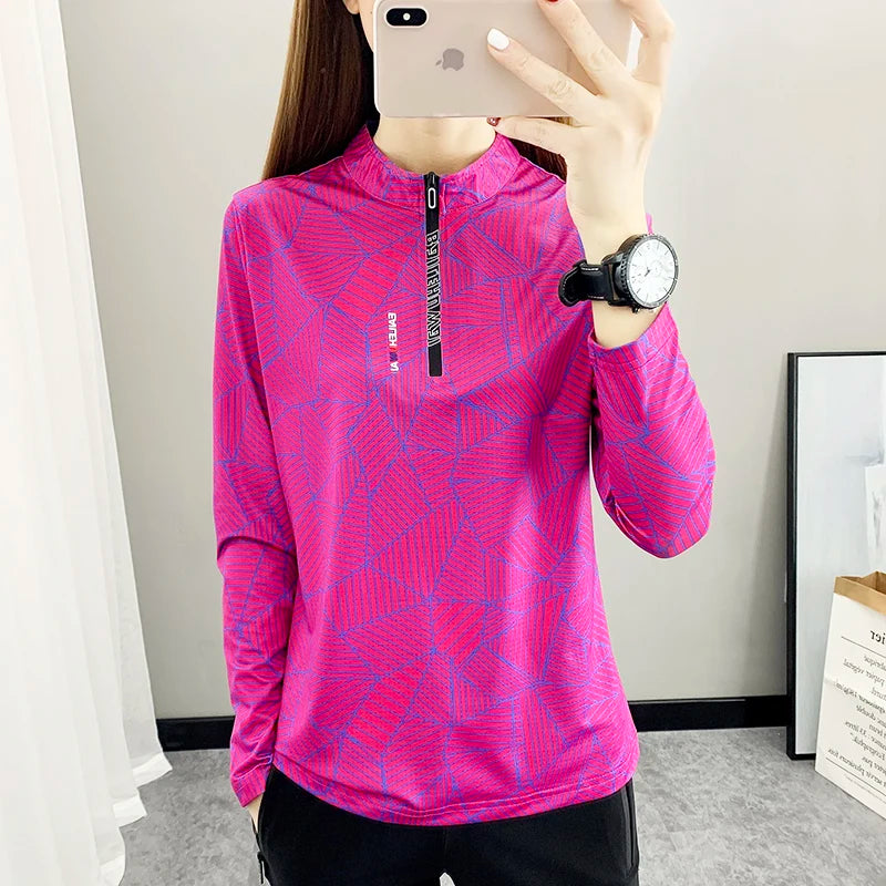 Outdoor Running Long Sleeve T-shirt Women Hiking Breathable Sport Sweatshirt Elasticity Camping Mom Quick Dry Fashion Print Top