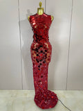Luxury Birthday Party Women Sparkly Sequins Sexy Mesh Maxi Dress Evening Celebrate Performance Singer Nightclub Stage Costume