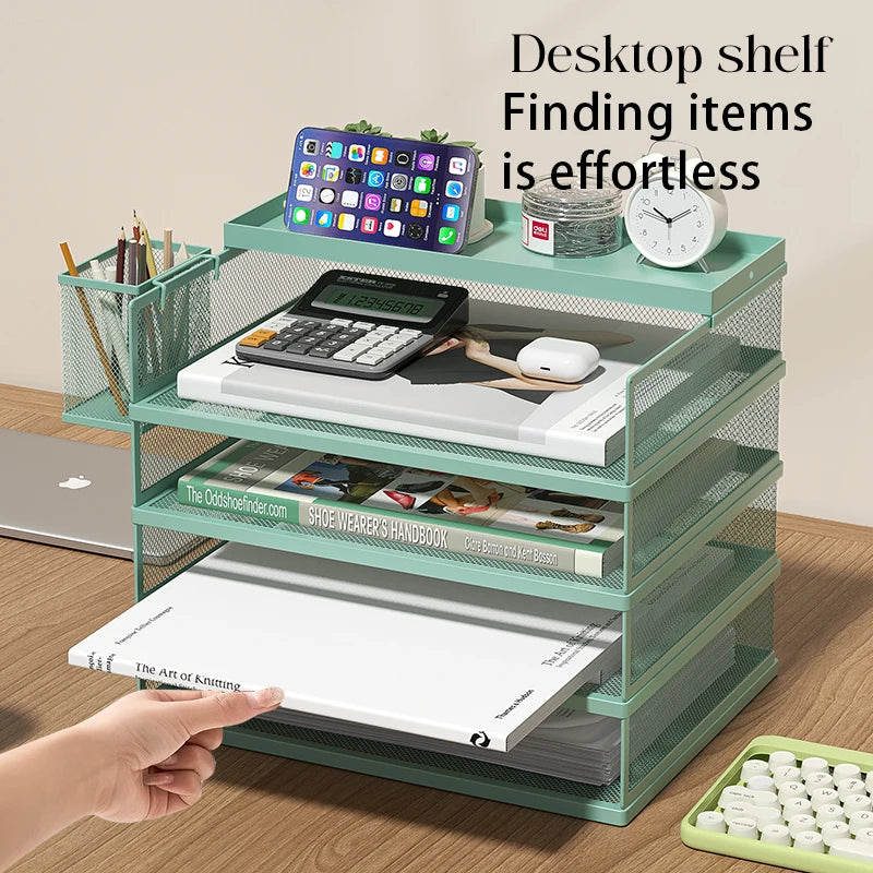 4-Tier Green Stackable Letter Tray Office Desk Organizer File Trays, Desktop Holder for Paper Letter Accessories with Pen Holder
