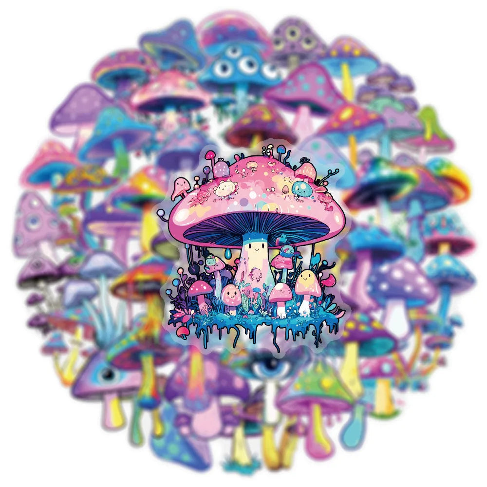 50 Pcs Transparent Iridescent Mushroom Stickers - PET Decorative Decals for Notebooks, Phone Cases, Tablets, Motorcycle