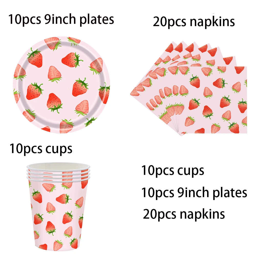 Strawberry Sets Birthday Decoration Party Disposable Paper Napkins Cups Plates Tablecloths Party Supplies